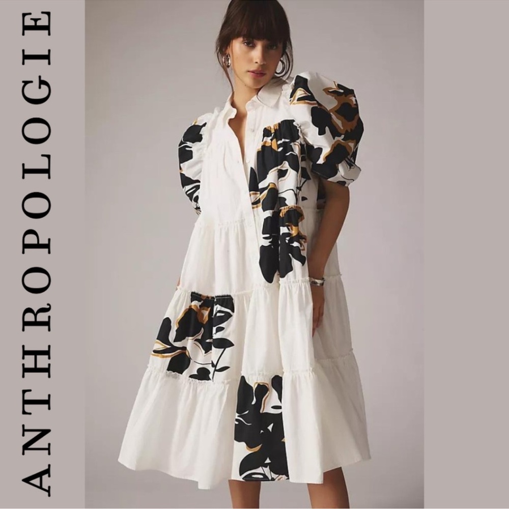 Anthropologie Forever That Girl Puff-Sleeve Midi Shirt Dress